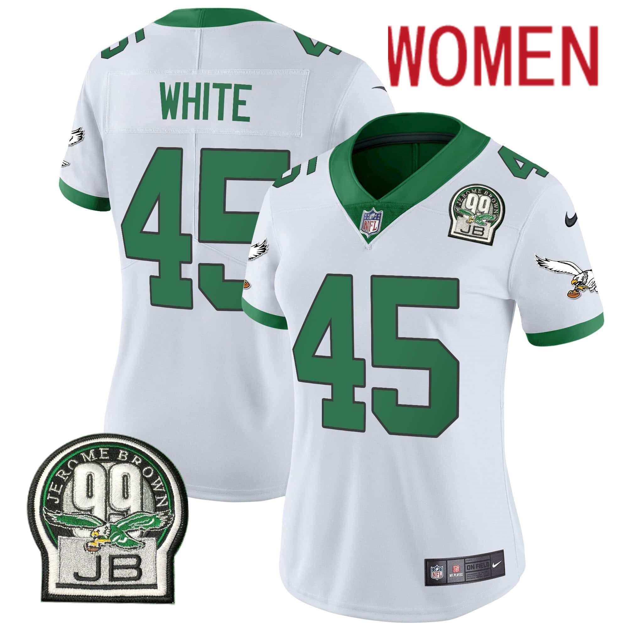 Women Philadelphia Eagles 45 White White 2024 Nike Jerome Brown Patch Alternate Limited NFL Jersey